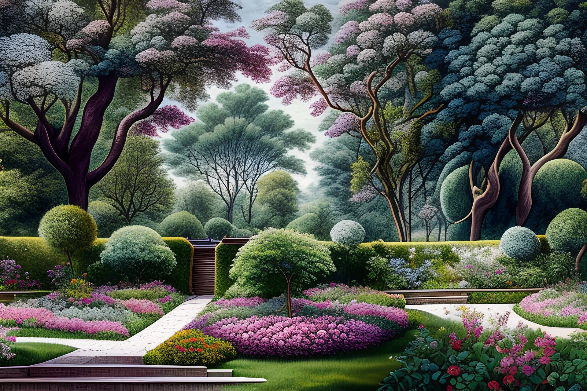 A beautiful home with wall gardens, urban forests, sky corridors, urban nature reserves, flower ecology, and tree canopy. Sunlight is on the trees. The colors are rich and beautiful,in the style of Giuseppe Arcimboldo, Antoine Watteau, and Henryk Siemiradzki, luminous