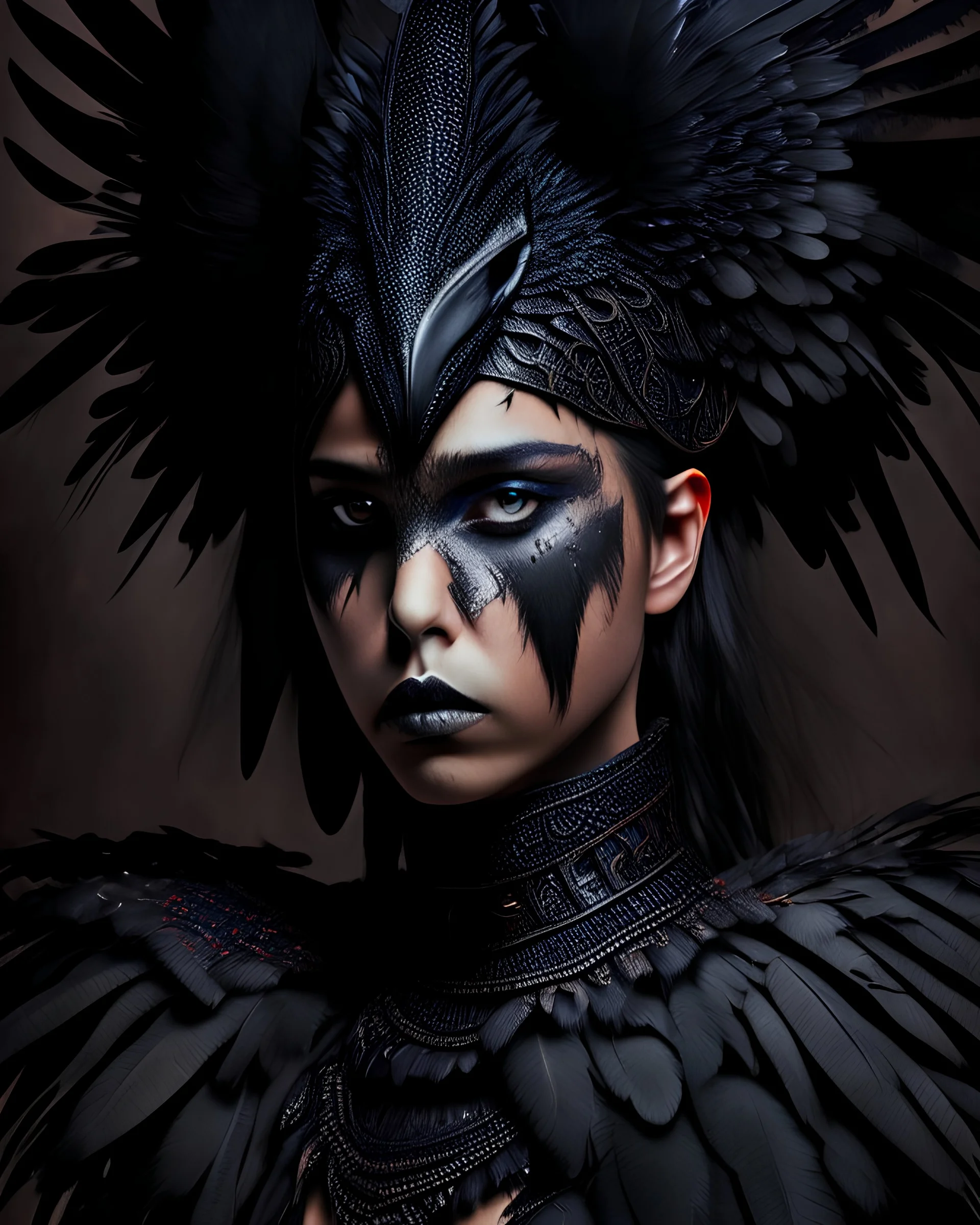 Beautiful young woman portrait adorned vith voidcore shamanism craw bird venetian style headress textured feathers and black craw venetian masque and wearing hawk voidcore shamanism textured craw bird feathered costume armour organic bio spinal ribbed detail of vantablack gothica background extremely detailed hyperrealistic maximálist concept portrait art