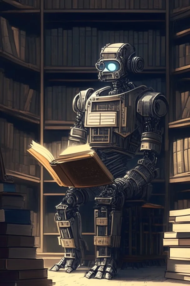 A huge library is serviced by computers, and there are many books on the shelves. The robot is sitting on a chair at the table and holding an antique book in his hands. Expression. High-quality drawing, 8K