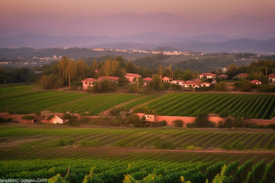 viñedos de viñas viejas y bajas al atardecer con un pueblo al fondo, fotografía real, foto periodismo, fotografía realizada con una cámara Leica y un objetivo de 50mm