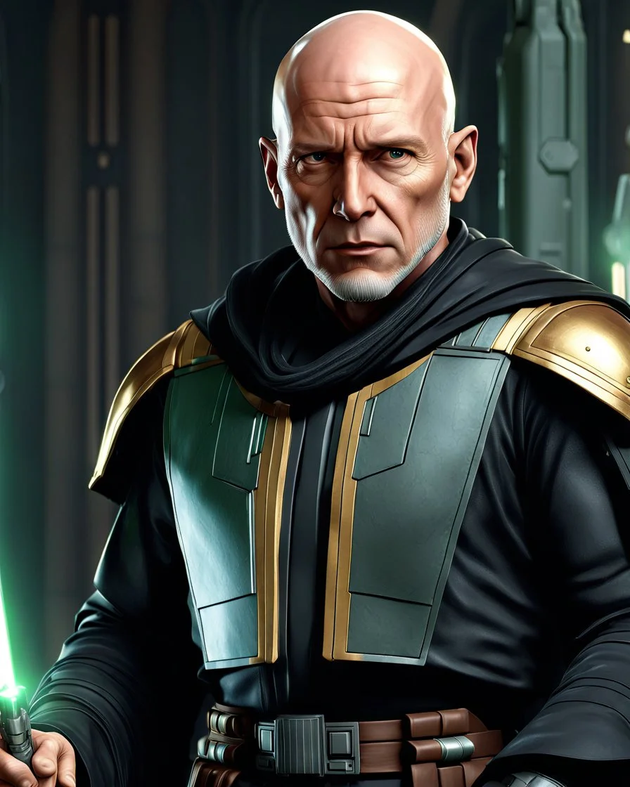 star wars bald male corellian pilot wearing dark gunmetal grey and black First Order special forces TIE pilot armored flightsuit and helmet with gold trim inside the jedi temple, centered head and shoulders portrait, hyperdetailed, dynamic lighting, hyperdetailed background, 8k resolution, volumetric lighting, light skin, fully symmetric details