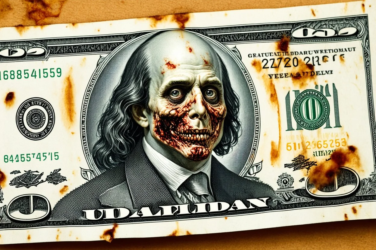 real looking Dollar Bill with a rotting zombie portrait on it, grainy photography, macabre