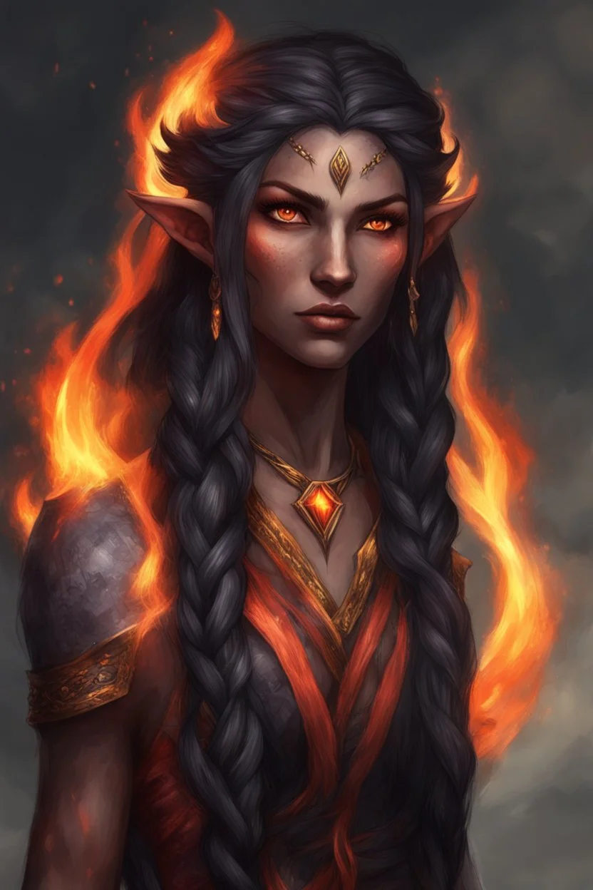 Fire Eladrin druid female. Hair is long and bright black half braided and half down and fire comes out from it. Eyes are noticeably red color, fire reflects. Creates with both hands . Has a big scar over whole face. Skin color is dark