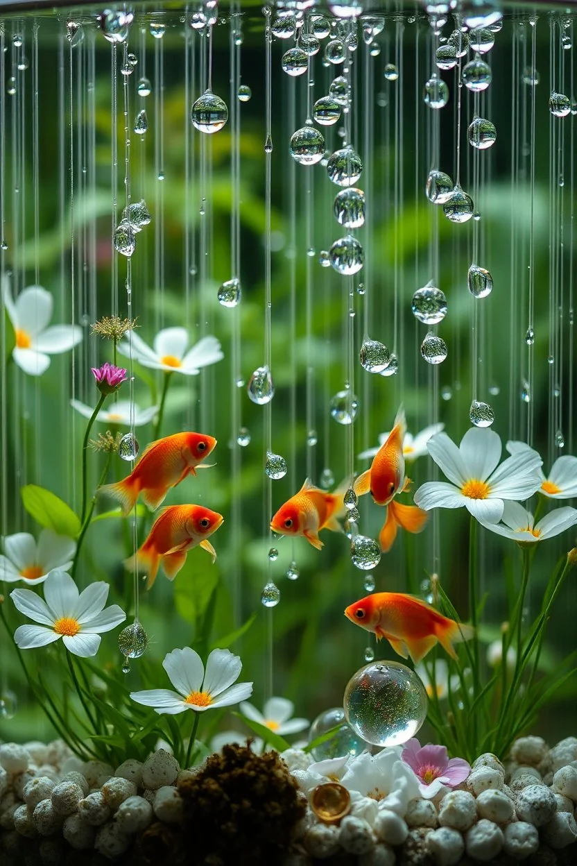A fish tank with fish full of small pond in the middle of the forest, transparent flowers, tenderness, elegance, hyperdetail, glass threads, water drops on threads, spheres of different sizes, sophistication, crystal rainbow rain