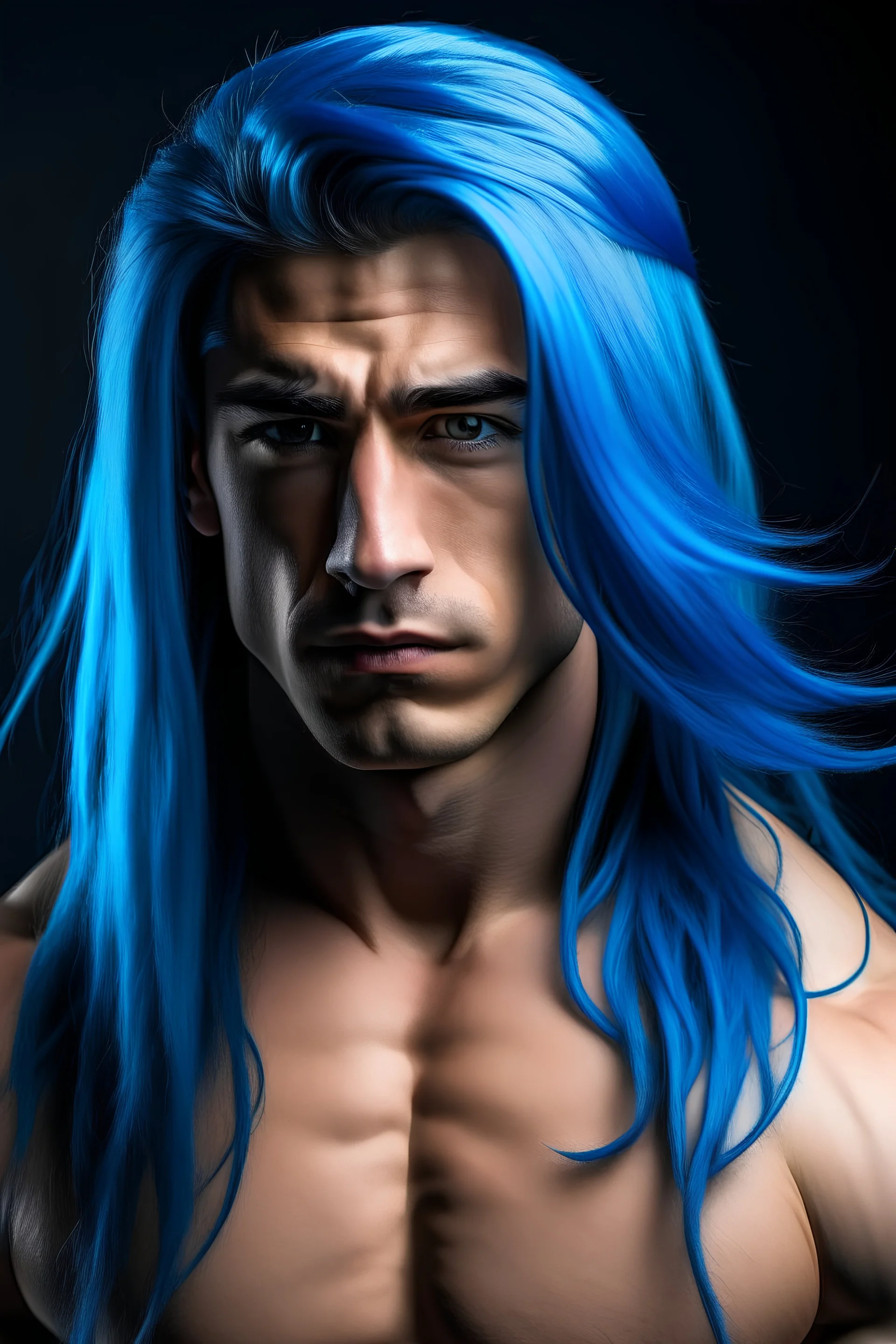 un joven que sea musculoso, de cabellos largos azules, de rostro bello,