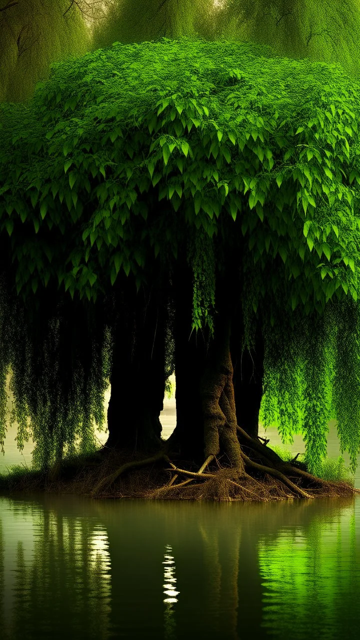 , old willow tree by the river , a lovely ducks is swimming in the river