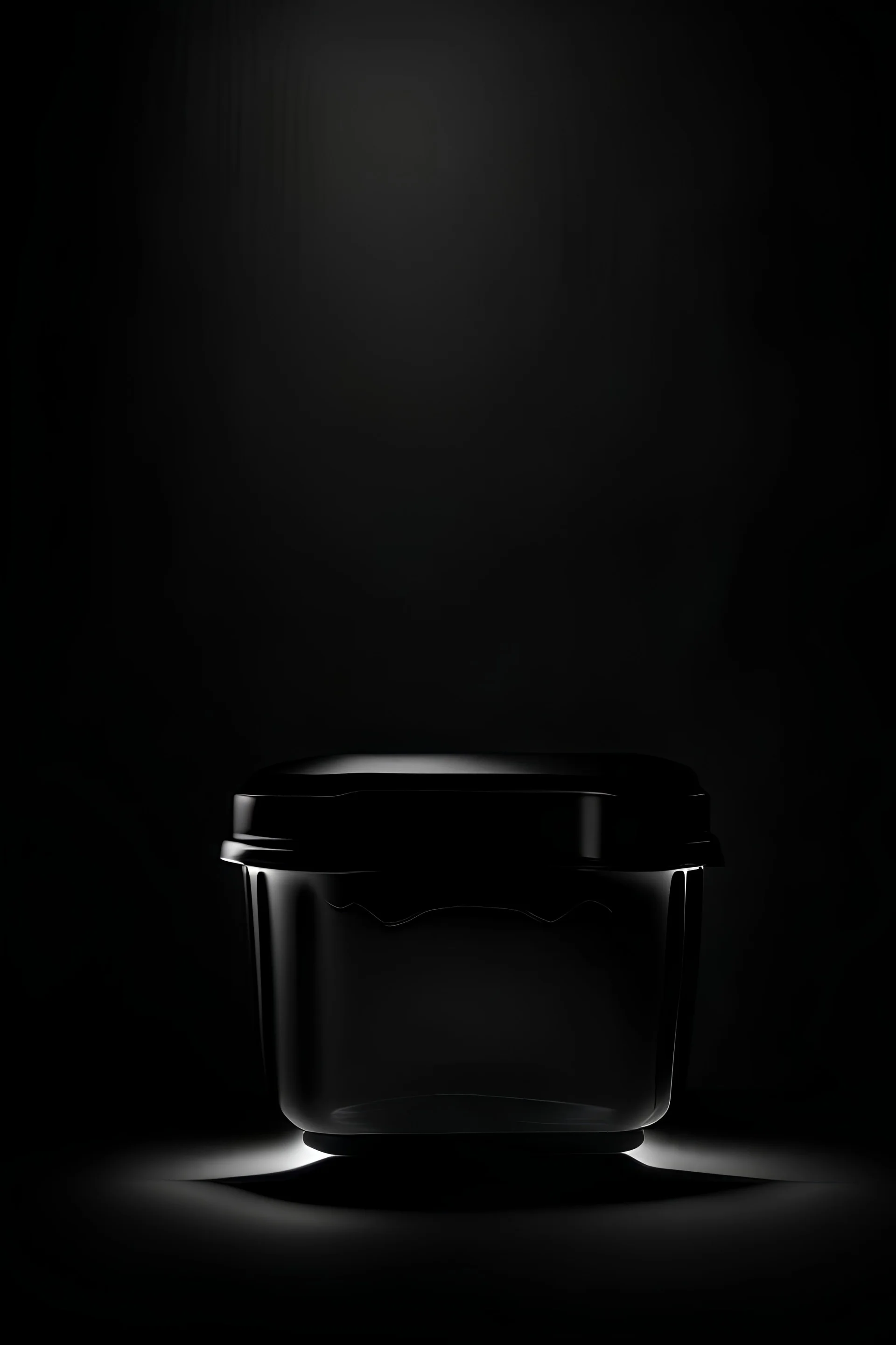 transparant plastic cilinder shaped container, view from the front, dark studio setting, black background