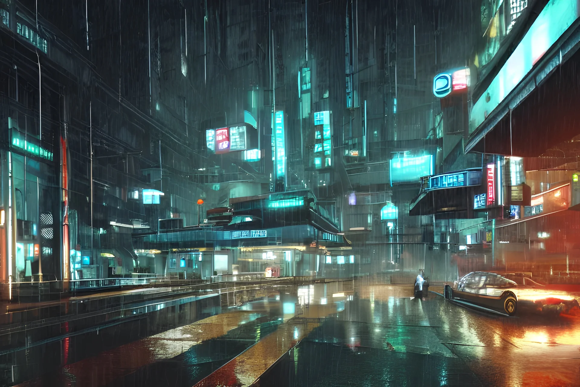 equirectangular projection grid of a futuristic bladerunner, cyberpunk, trainstation in the rain at night, volumetric lighting, 4K, Spherical, Panorama, RealityEngine, PhotoRender, hyperdetailed, cinematic