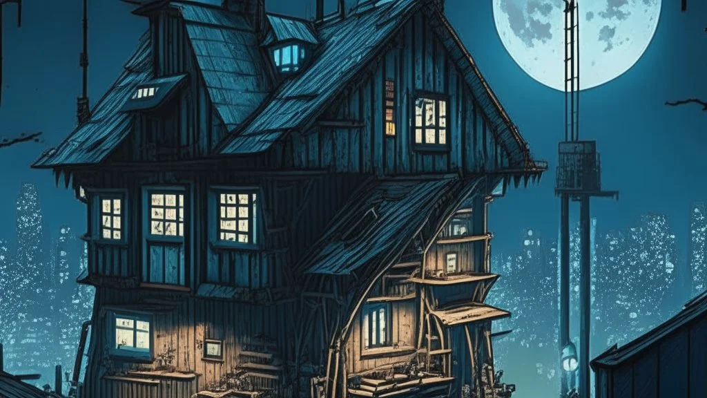 small german Cabin, In cyberpunk city-skyline, comic style, realistic coloring