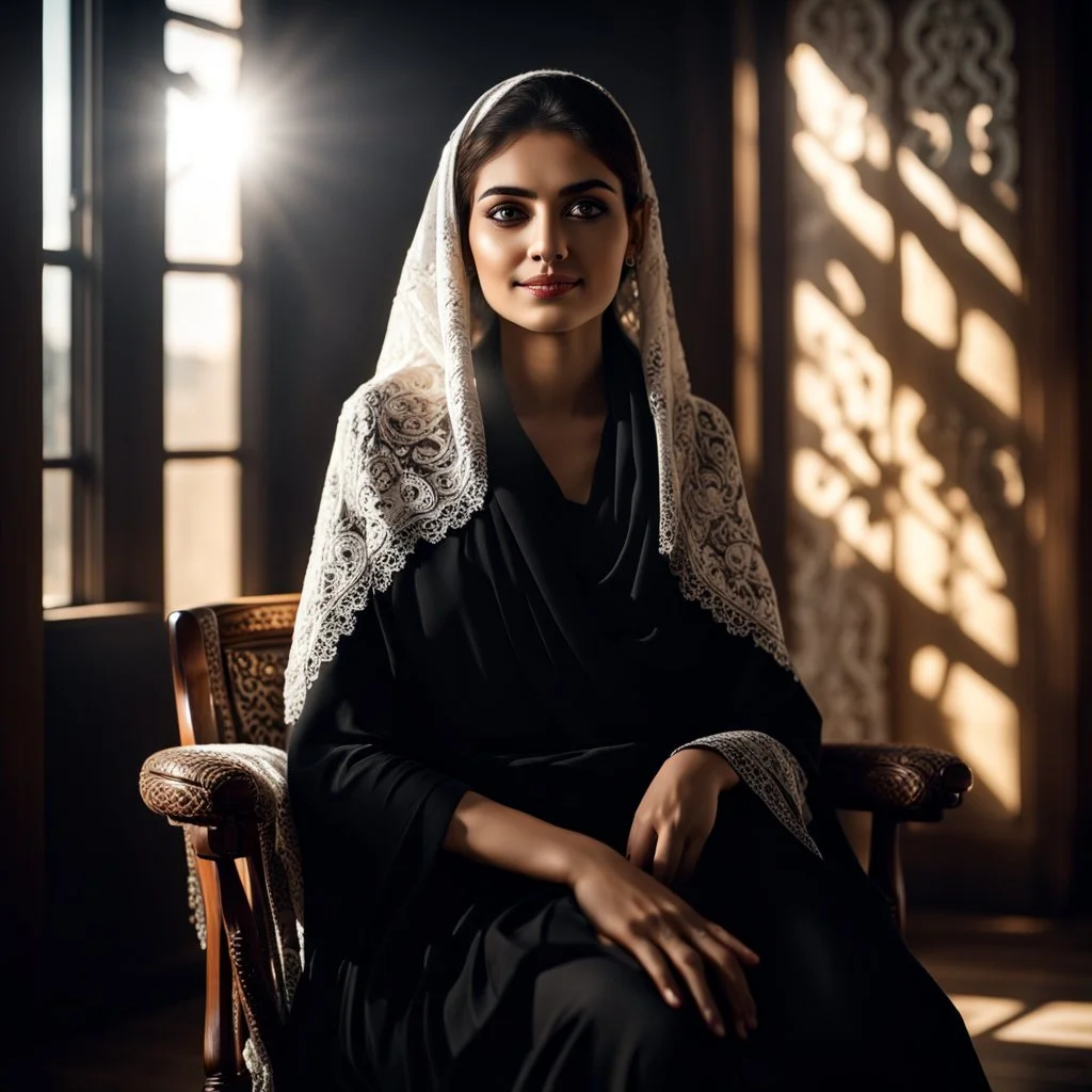 Hyper Realistic Young Beautiful Happy Pashto Woman With Beautiful Eyes & Kajal with beautiful lips wearing black dress & covering herself with white-shawl sitting on rocking-chair inside a dark lounge with sun-rays coming from window on her face with detailed shadow casting showing dramatic & cinematic ambiance