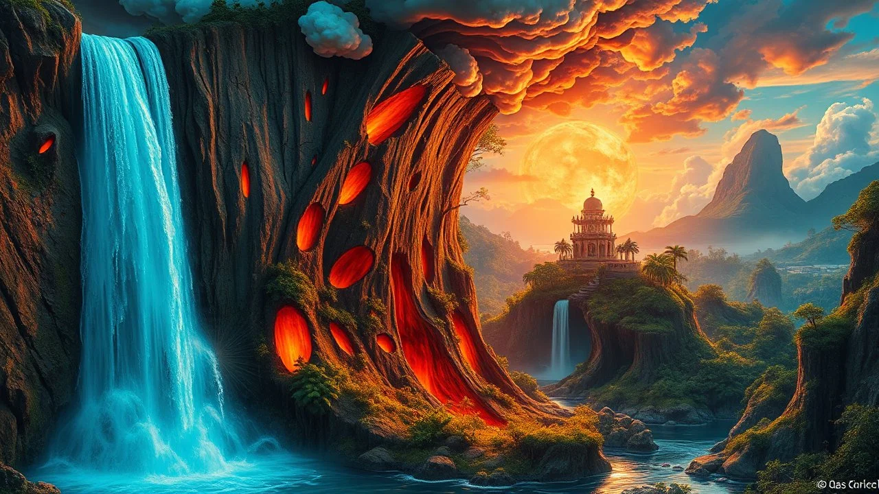 waterfall full of holes with various jungle flowing spiral cloud neon colorful Unique open cliff burning ripped surrealistic artwork with shiny shackled by cliff and sea island, while holding a waterfall doing pulling, the open cavity inside the body is a scene of an ancient Egyptian painting in the Gesang desert 5D diorama, with seven open panels on the revealing a forest with a thousand shadows, giving a triple exposure effect on a Balinese girl and her neck cavity, crystal calypso wild expose