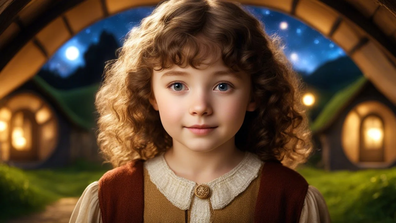 Little very young hobbit girl, beautiful, confident, calm, wise, happy, innocent, facing camera, head and shoulders, curly hair, hobbit clothing, perfect eyes, LOTR village, hobbit homes with circular windows and circular doors, night scene, stars, fireflies, 16k artistic photography, exquisite composition, photorealistic concept art, soft natural volumetric light, chiaroscuro, award-winning photograph, masterpiece, style William-Adolphe Bouguereau