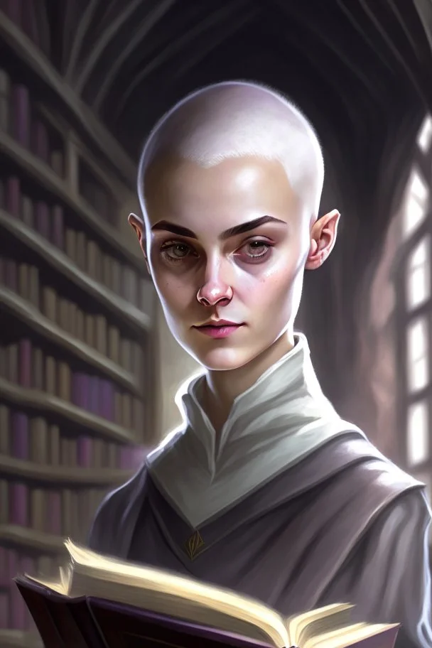 full color portrait drawing, portrait, fantasy setting, 22-year old female human cleric, shaved head, light eyebrows, grey eyes, background library