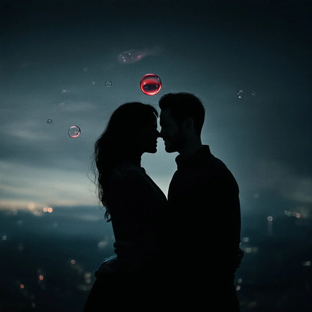 a dark red bubble floating in dark air, silhouettes of a couple in love showing in the bubble