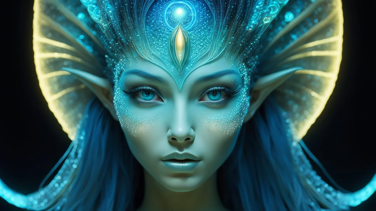 The photo features a bioluminescent and bioluminescent art style depicting a divine female alien god. Bioluminescent moist translucent glowing skin, ethereal glowing eyes, extra long neck, medium front third eye, large head fins and ear fins show off a charming, perfect face in ultra-realistic detail. The composition imitates a cinematic film with dazzling, gold and silver lighting effects. Intricate details, sharp focus, crystal clear skin create high detail.