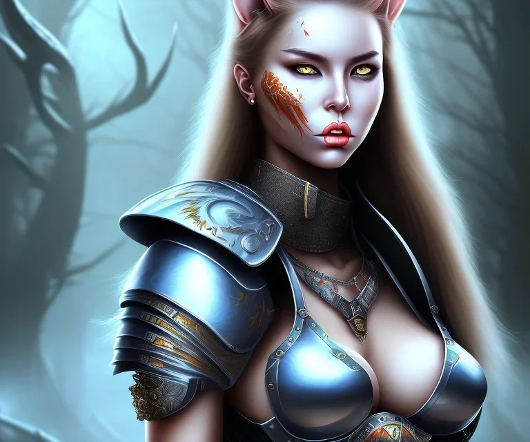 Sexy female warrior cat eyes full body battle background