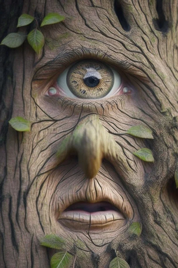 Hyper realistic face on a tree