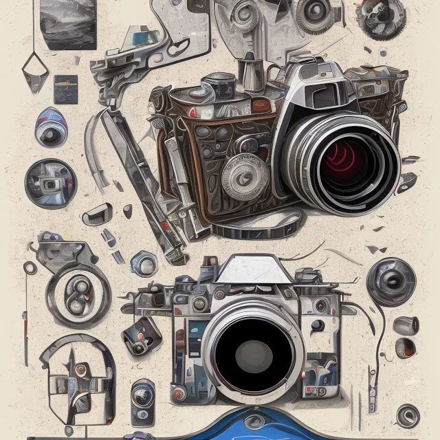 components of the camera laid out flat. poster design. high detailed. oil on canvas.