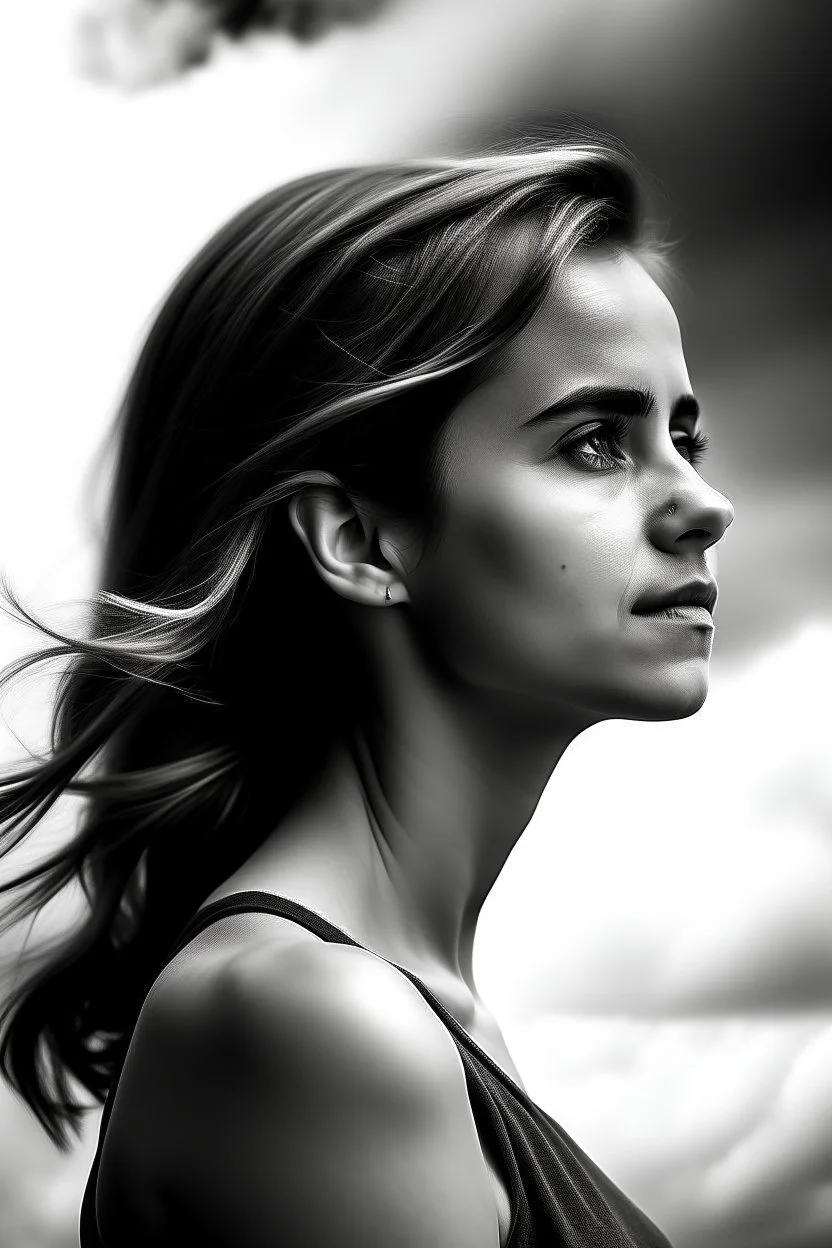 emma watson : The contours of the woman are crafted from dense yet delicate clouds, making her appear goddess-like as she seemingly floats weightlessly in the sky. Boundless Harmony: The amalgamation of clouds forms a feminine figure seamlessly merging with the surroun