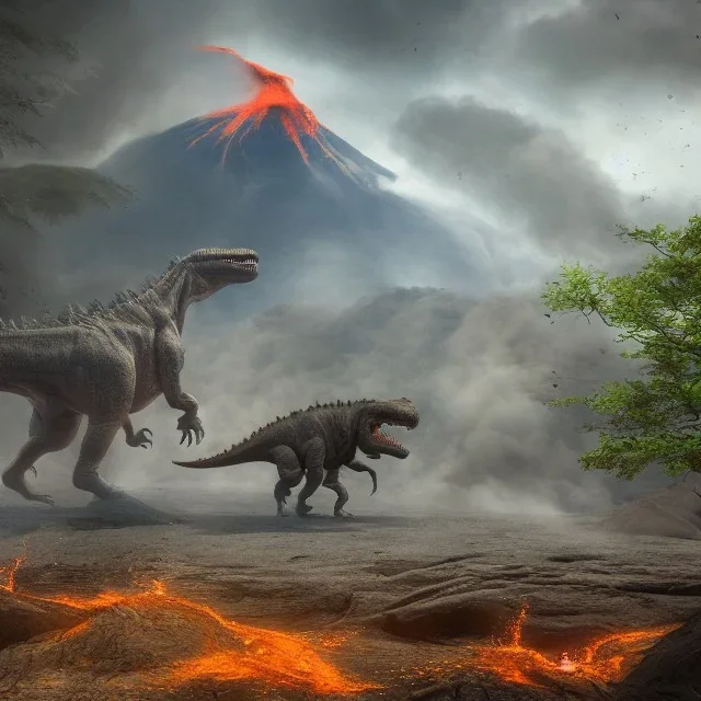 dinosaurs, active volcano, ash, forest, dynamic lighting, dynamic movement, panorama, wide-angled lense, DSLR, dramatic, 8k resolution concept art hyperdetailed dystopian 8k resolution holographic, t-rex, stegosaurus, triceratops, allosaurus