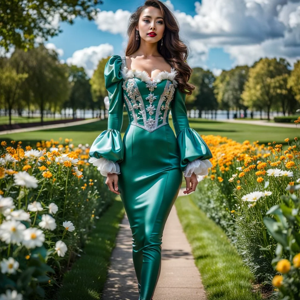 fullbody girl makeup wearing a dark green-silver victorian short dress walking in moder city of 2040 park ,flowers ,pretty clouds in blue sky,city escape.