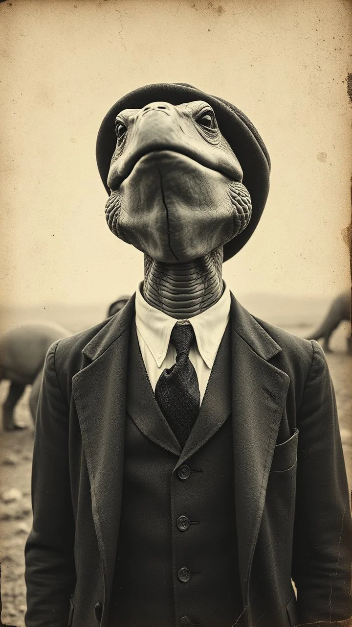 An old picture style of black and white mono very bad quality looks very old camera picture a cracked turtle Face wearing suite and tie person body ,the year 1900 in the background from a distance dinosaurs