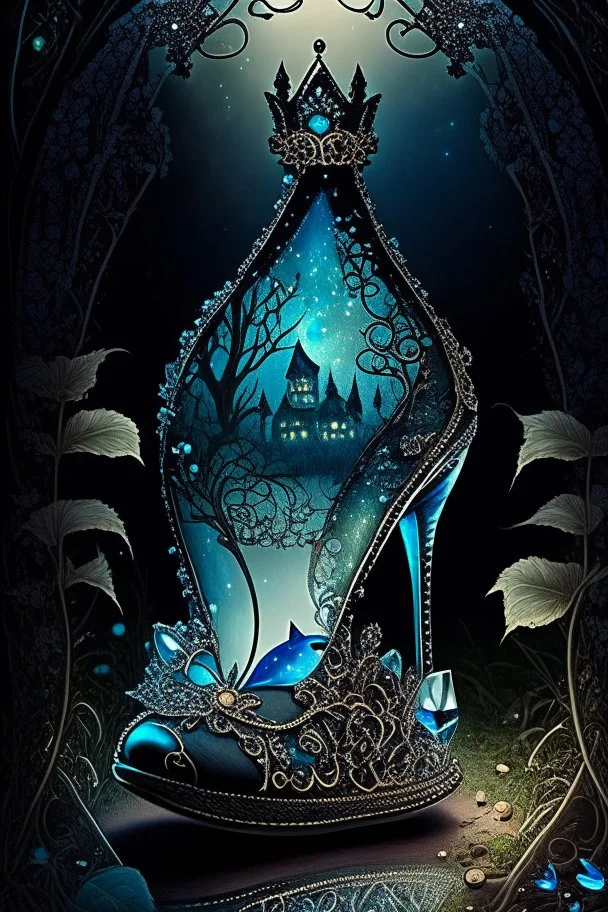 dark fantasy, intricate cover, a whimsical fairytale, glass slipper