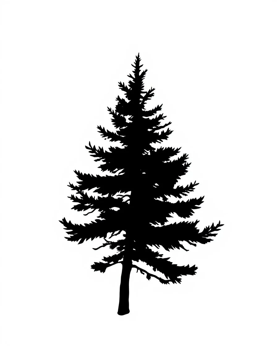 isolated spruce/pine tree silhouette, simplified black on white clipart