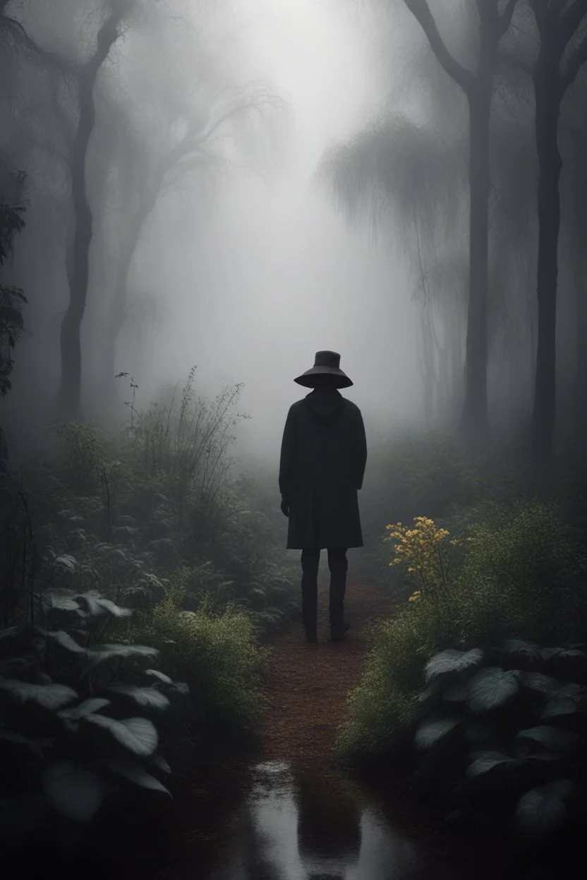 dark and tranquil bosque with much flora and rain , a man with a hat is gardening , a hooded blurred shadow appears in the far back distance in the fog