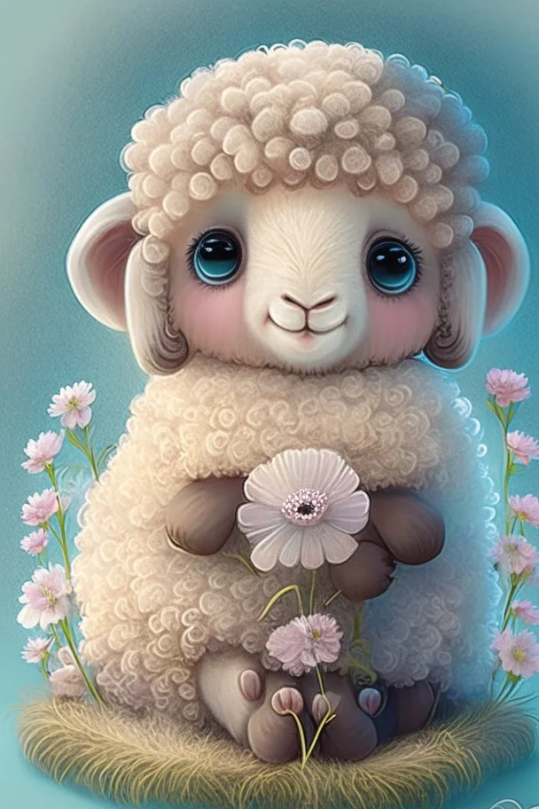 dorable cute happy baby scottish highland sheep with dreamy eyes, sitting down and holding a flower, nursery art, very rendered polished Perfect, smooth edges, flawless Facial Features, Stunning, Whimsical Fantasy, Cute, Highly Detailed, Well Rendered, cartoon, illustration