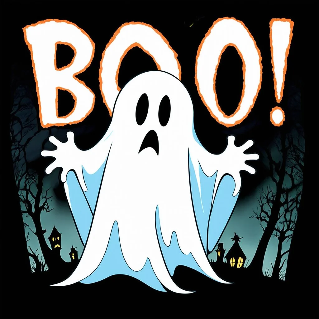 A spooky ghost with bold text above it that spells “ Boo! “