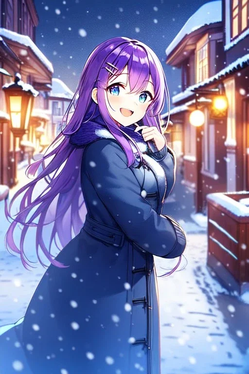 girl, masterpiece, best quality, cinematic lighting, detailed outfit, vibrant colors, perfect eyes, purple hair, long hair, blue eyes, snowing, outdoors, winter outfit, hairclip, depth of field, laughing, town, street, lantern,