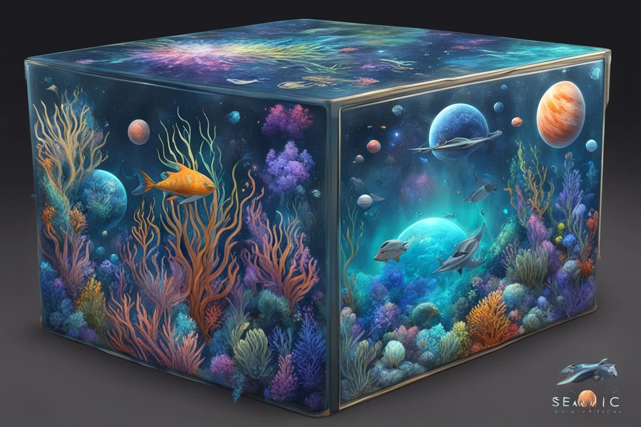 hyperrealistic, 4k, box for storing things with beautiful drawings a lot of colours, very detailed, subnautica, sea plants, planets space, galaxies,