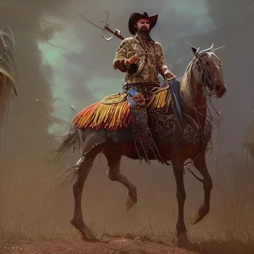 Insanely detailed photograph of an “ a mustachioed cowboy warrior "with sequenceed Sombrero, handsome charo,cigar,crossbow in hand, hyperdetailed painting by Ismail Inceoglu Huang Guangjian and Dan Witz CGSociety ZBrush Central fantasy art album cover art,8K, hdr, mysterious, flickeringlights ,Stoic