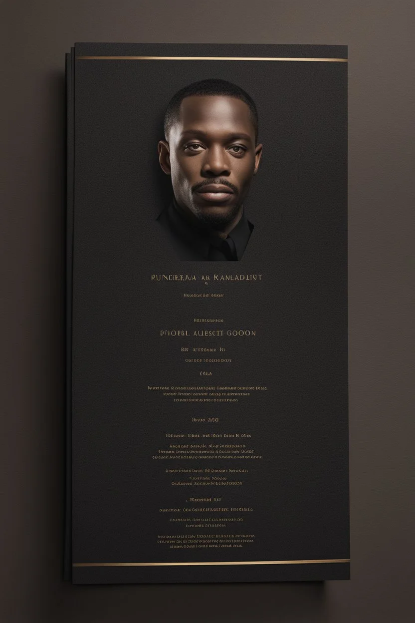 An extremely formal, funeral program for a black man on darkest bronze deeply pigmented velvet paper with brilliant, brightest heavy golden fonts, simple, minimalistic, less element, very dramatic lighting