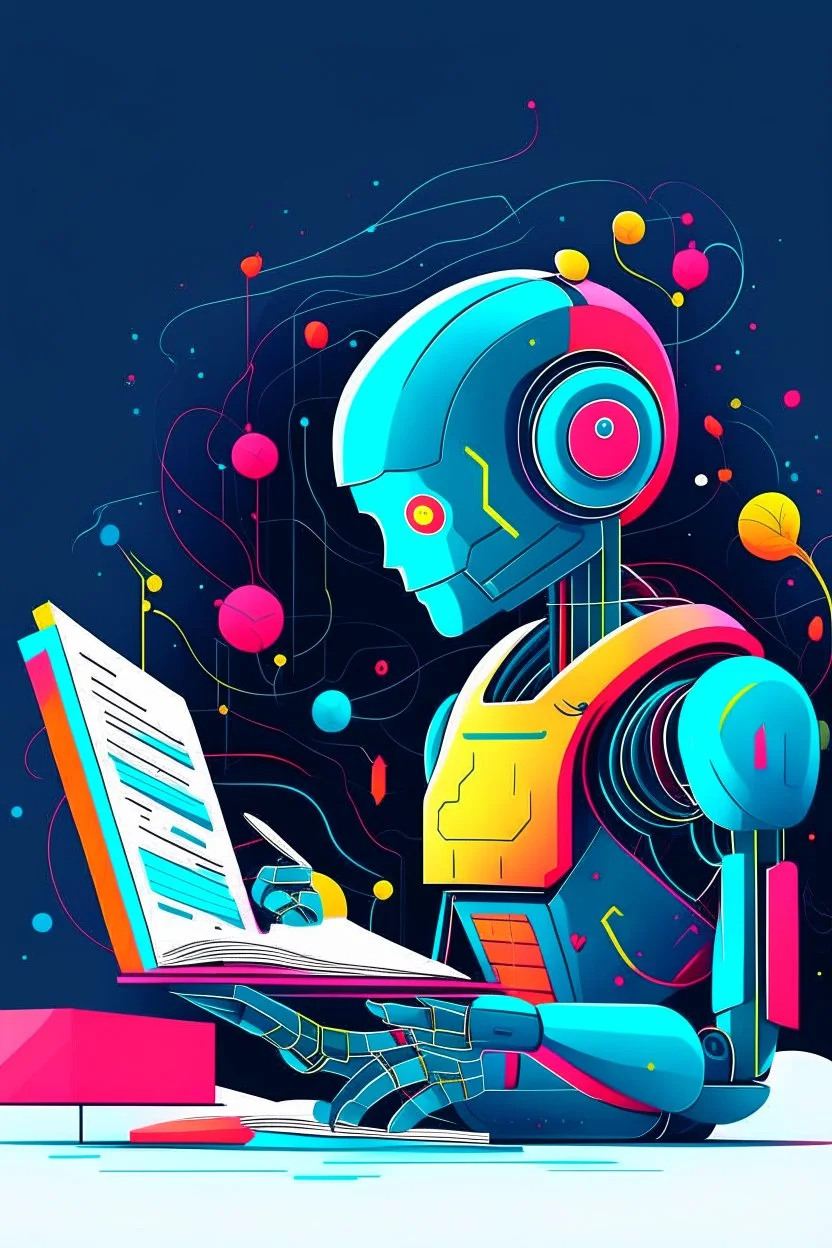 generate a full color front cover simplistic illustration representation of Ai bot writing a book