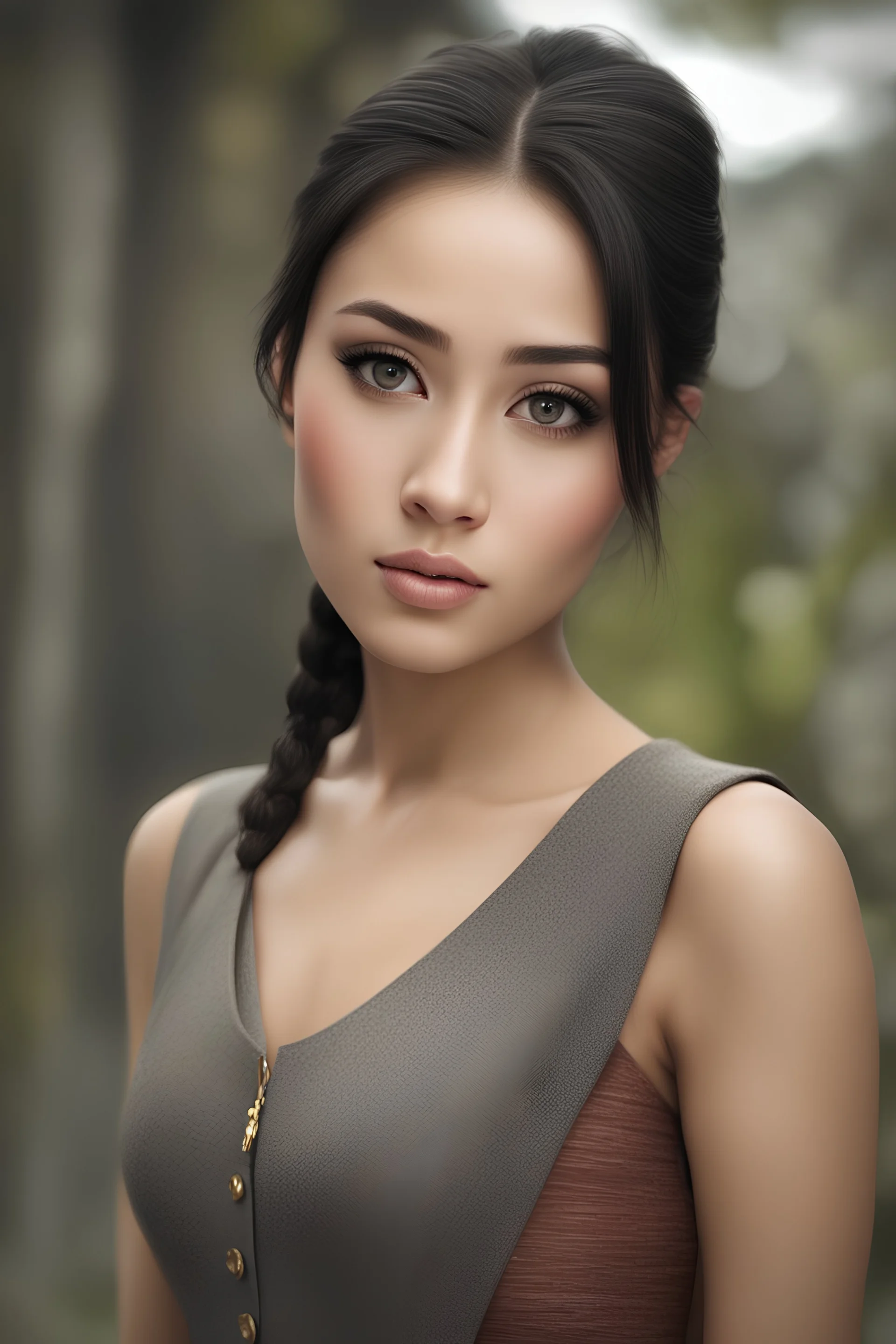 A professional photography of Anisa Riski Amelia a most pretty beautiful Indonesian girl, black hair, ponytail, oval shaped face, gaunt face, brown eyes, big eyes, melancholy eyes, melancholy glance indifferent ignore, thin lips,natural make up,beautiful, pretty, melancholy girl, slim body, dress and vest, hyperrealistic, ultra realistic, octane render,HDR, ultra detailed, perfect body, perfect face,Canon EOS 5D mark IV, best quality photography, real photo, photography, hyperrealistic,