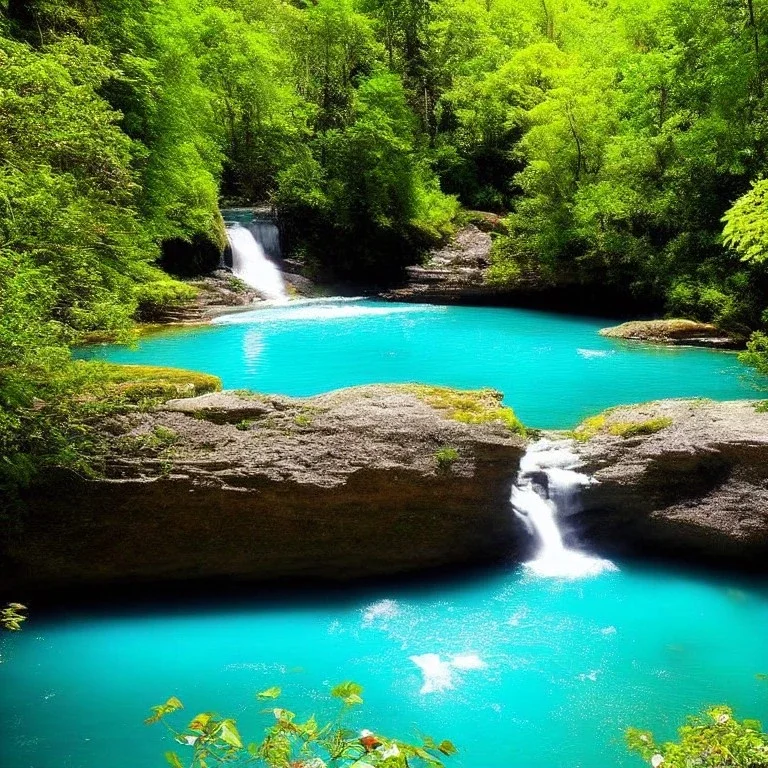 turquoise river, sun, waterfalls, fairy castle