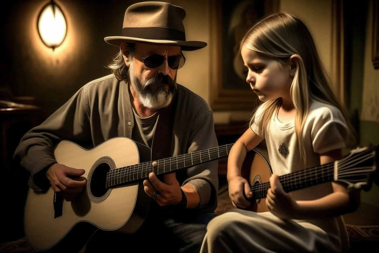 An angel handsome man with a very very!!! short, grey beard and moustache and a grey beret, with round black sunglasses and a shining halo plays guitar, in front of him a 7-year-old girl with blonde-brown hair is listening with her head propped on her elbow on a carpet, ethereal, heavenly, otherwordly, cinematic postprocessing, shading pastel and charcoal in sunshine, watercolor