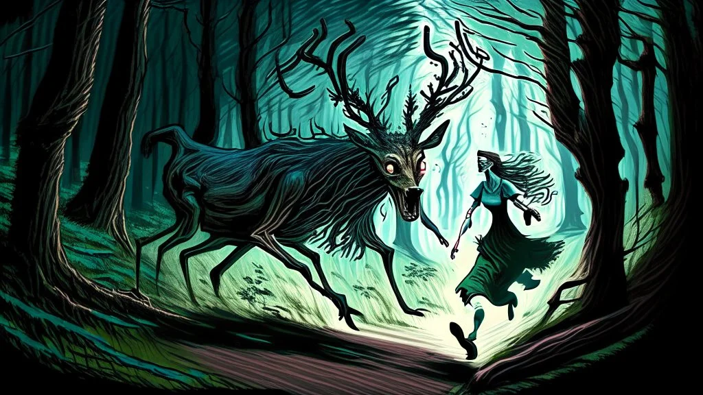 lovecraftian styled resurrected unhappy single deer chasing the older drunk human lady through the forest.