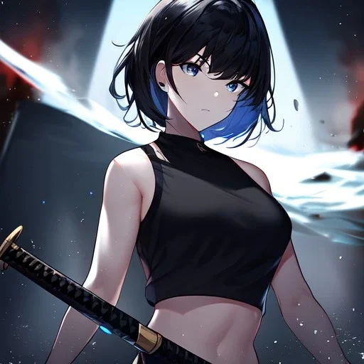 Clear focus,High resolution, black short fluffy hair, long fluffy bangs, and dark blue eyes, Depressed girl, wearing a black short shirt with a black sleeveless crop top, dark aura, controlling water, in a black room, holding a katana