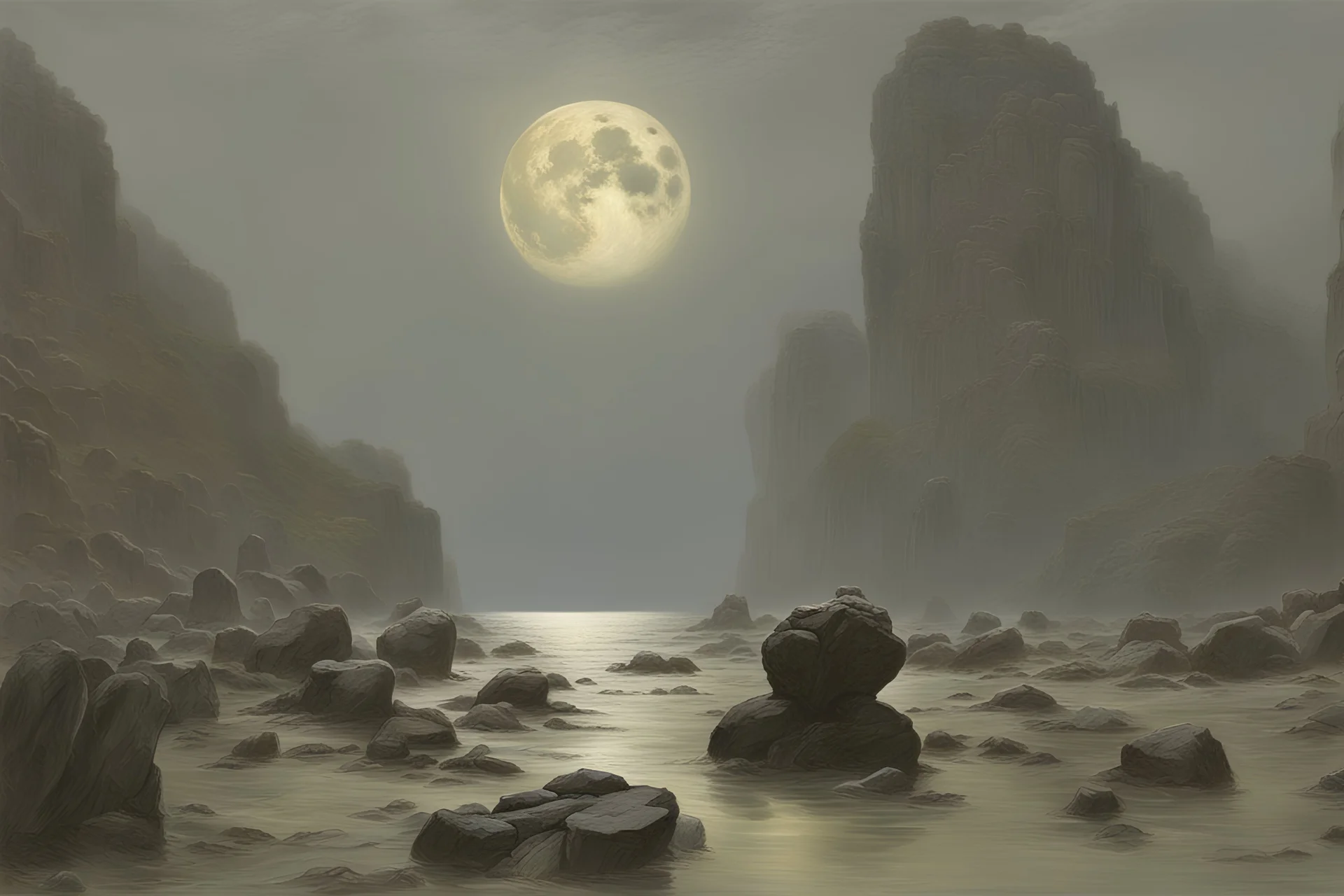 grey sky, planet in the sky, rocks, mountains, sci-fi, philosophic and trascendent influence, 2000's sci-fi movies influence, claude monet, alfred stevens, and georges lemmen impressionism paintings