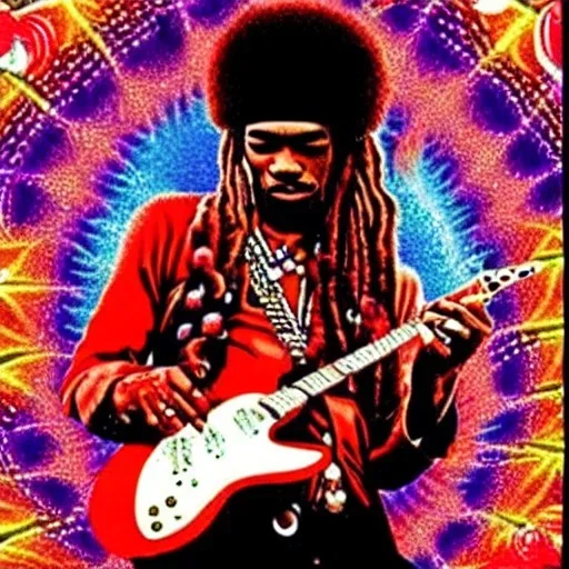 hippie JIMI HENDRIX Santa playing electric guitar, psychedelic, peace sign, MUSHROOMS, TRIPPY, ACID, LSD, dreadlocks