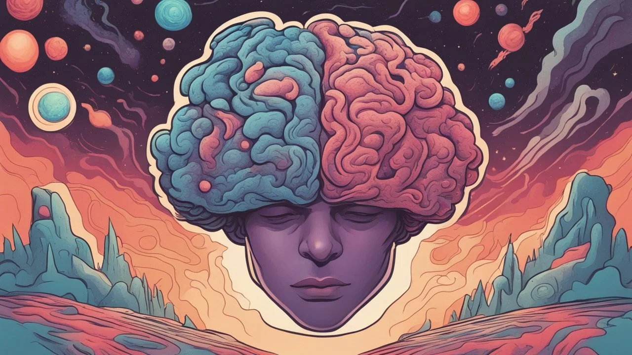 "Design a vibrant comic-styled artwork that captures the essence of a mighty brain, depicted as a tangible galactic entity. The brain itself should be intricately shaded to highlight its convoluted crevices, delicately lit by distant stars. The backdrop is to be an amalgamation of colourful swirling galaxies,