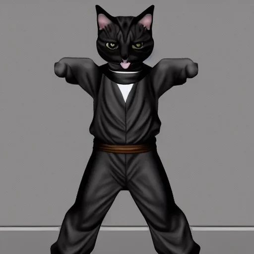 Chat, Modélisme trois dimensions, anthropomorphique, habillé comme un ninja, tenue très détaillée, argent, noir, sombre,furieux, réalisme