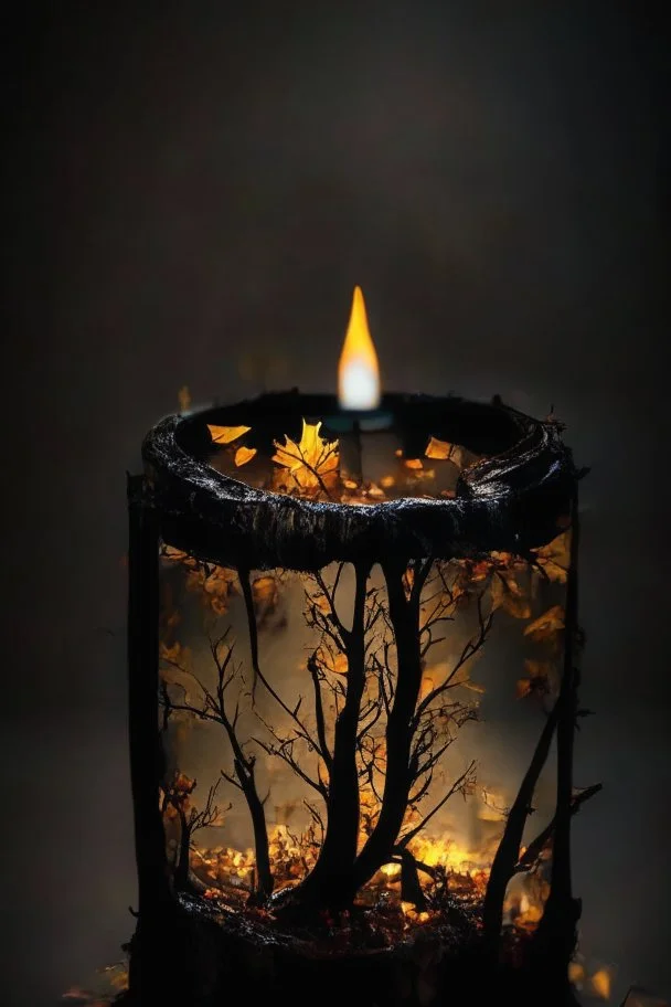 black westphalia stump with a bokeh frame of autumn leaves and twigs (((scale model photography))) candle-lit westphalia in double exposure ((((low iso, double exposure, ))