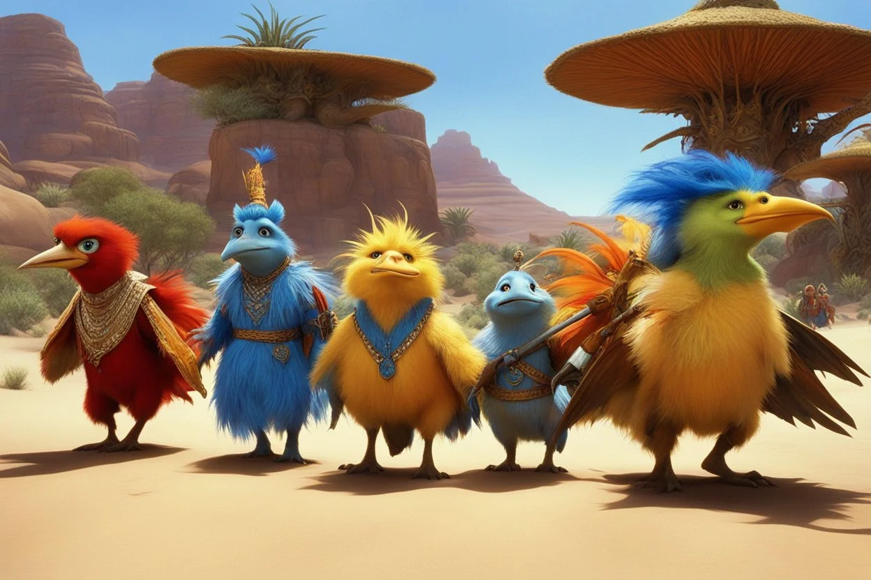 [directed by Jim Henson and Frank Oz] In a mystical realm, a vibrant caravan of four fairy-tale creatures with human-animal attributes, bird-like heads, and predatory features parades through the desert, dressed in colorful oriental attire. The creatures move gracefully, exuding magic and wonder as they journey under a pale blue sky. Their presence weaves a spell of enchantment and mystery, a testament to the boundless creativity of the fantastical realm.