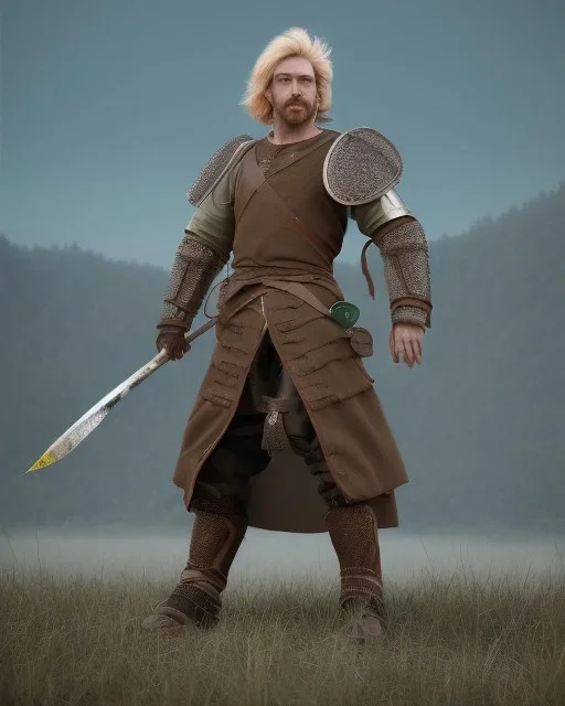 strong medieval warrior with short blond hair, blue eyes and wide warm smile with an axe wearing brown and green clothes