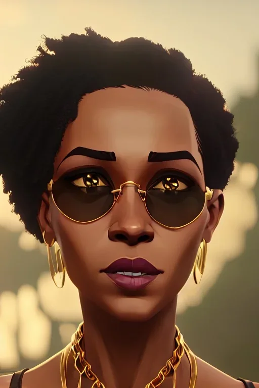 perfektes lächeln einer wunderschönen afro-amerikanischen Frau mit gelocktem braunem haar grosse oberweite portrait hyperrealistisch cinematic perfekter winkel goldkettchen sonnenbrille