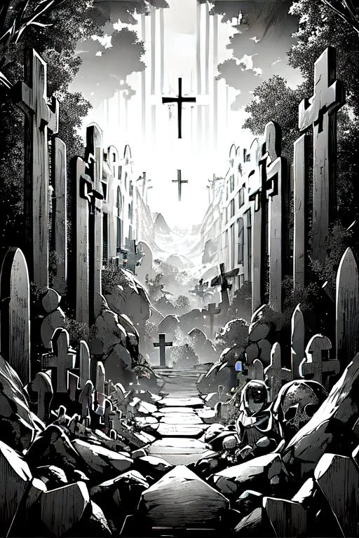 landscape, endless cemetery with many crosses, grayscale